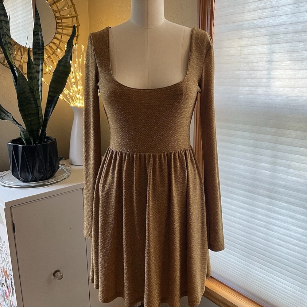 Free People Womens Dress Fit & Flare Gold Long Sleeve Scoop Neck Mini Glitter S